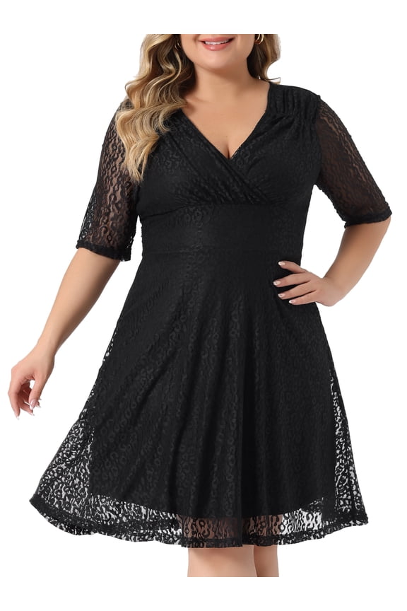V Neck Swing A-Line Cocktail Wedding Midi Lace Dress 3X Black