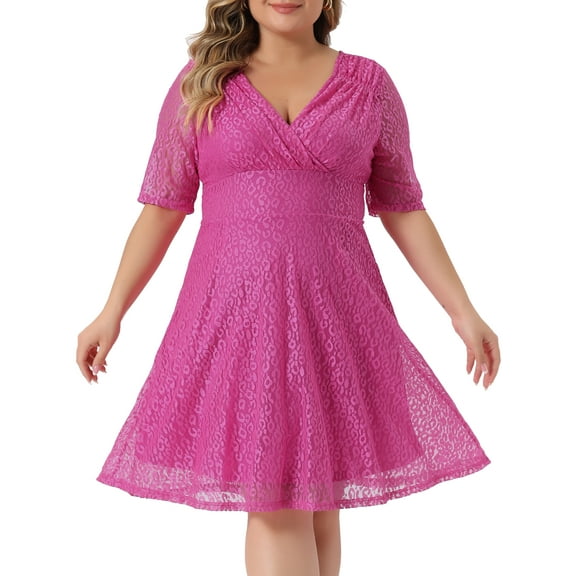 DARING DIVA V Neck Swing A-Line Cocktail Wedding Midi Lace Dress 3X Hot Pink