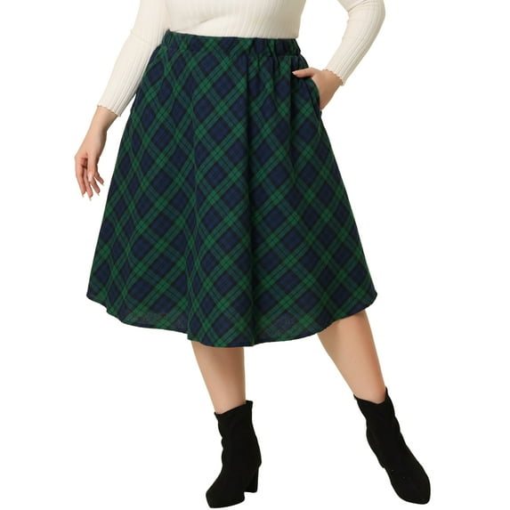 Unique Bargains Women's Plus Size Velvet A Line Knee Length Plaid Print Flare Skirt
