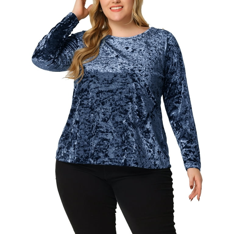 Unique Bargains Women's Plus Size Velvet Tops Crew Neck Long Sleeve Casual  T-Shirt 3X Dusty Blue 
