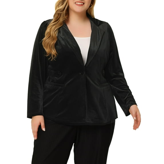 Unique Bargains Women's Plus Size Velvet V Neck Button Notched Lapel Peplum Blazer