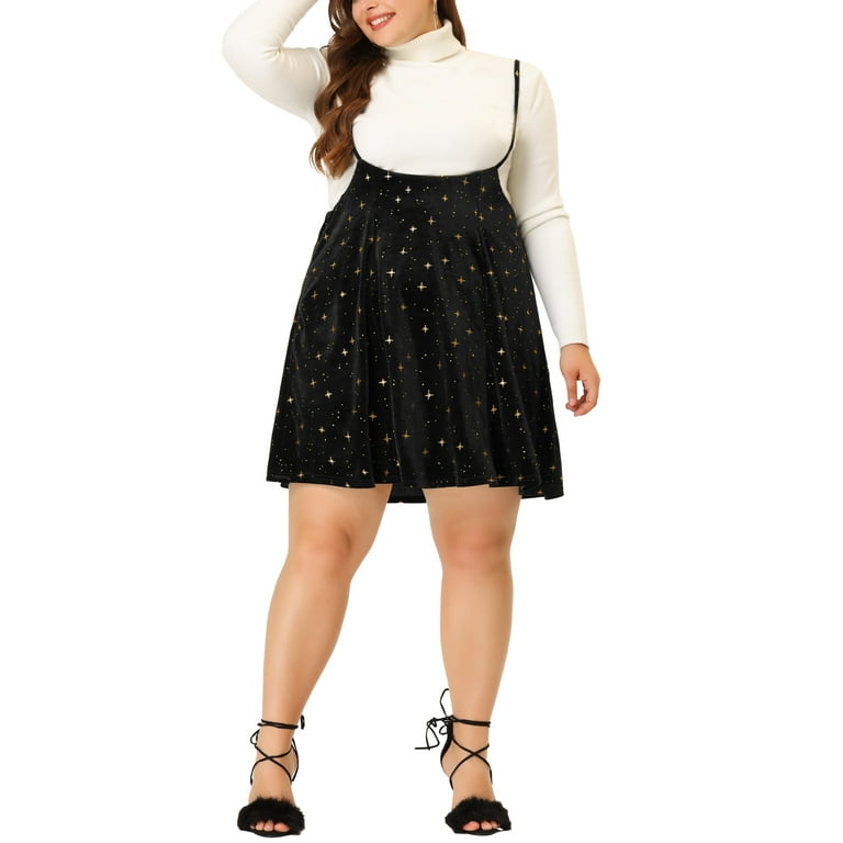 Unique Bargains Women s Plus Size Versatile Flared Overall Dress Suspender Skirts 1X Black Walmart