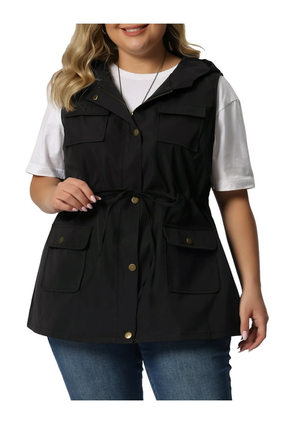 Women's Plus Size Vest Sleeveless Anorak Cargo Drawstring Jacket