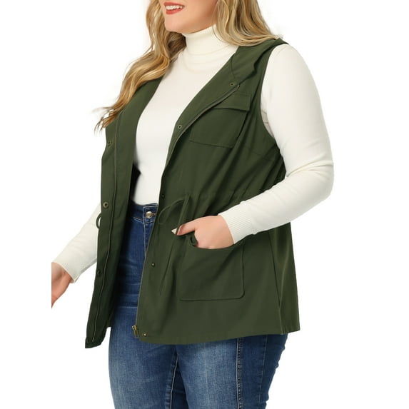 Unique Bargains Women's Plus Size Vest Sleeveless Anorak Cargo Drawstring Jacket