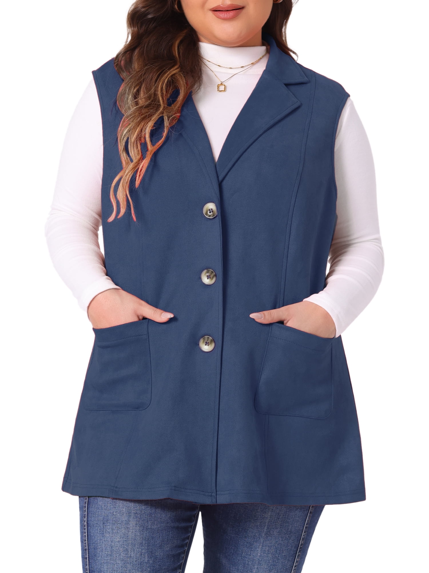 DARING DIVA Women's Plus Size Lapel Sleeveless Lightweight Suede Vests 1X Dark Blue