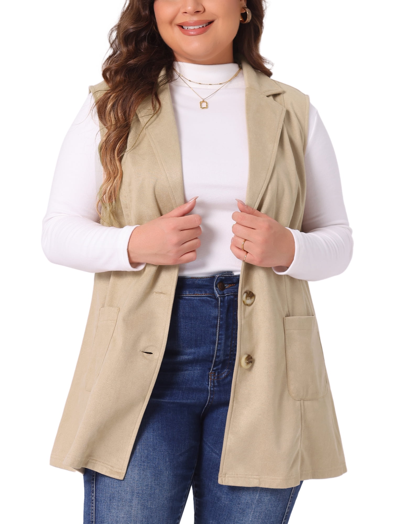 DARING DIVA Women's Plus Size Lapel Sleeveless Lightweight Suede Vests 1X Khaki