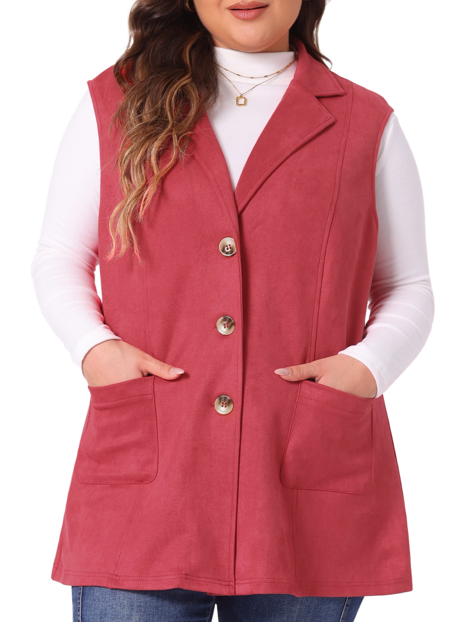 DARING DIVA Women's Plus Size Lapel Sleeveless Lightweight Suede Vests 2X Red