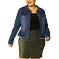 thumbnail image 1 of Unique Bargains Women's Plus Size Washed Front Frayed Classic Denim Jacket 3X Dark Blue, 1 of 8