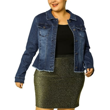 Unique Bargains Women's Plus Size Washed Front Frayed Classic Denim Jacket 4X Dark Blue