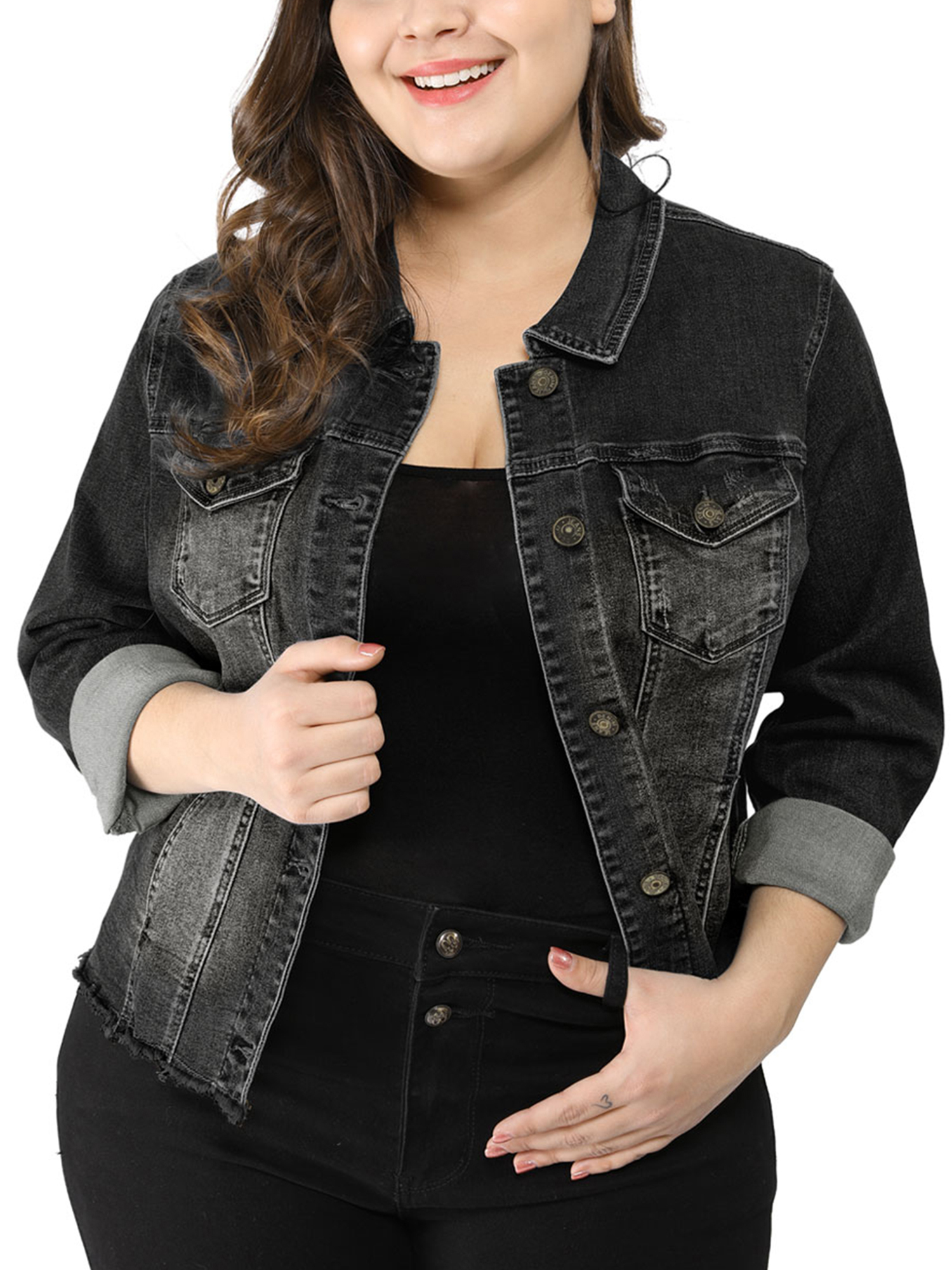 Unique Bargains Women's Plus Size Washed Front Frayed Classic Denim Jacket - image 1 of 8
