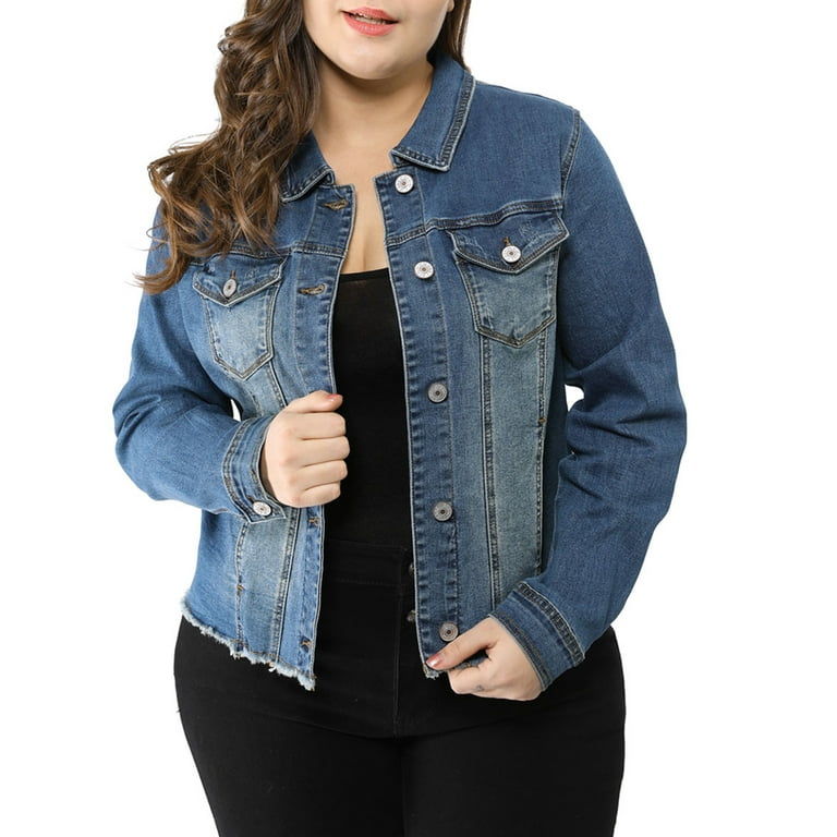 Unique Bargains Women's Plus Size Frayed Denim Jacket