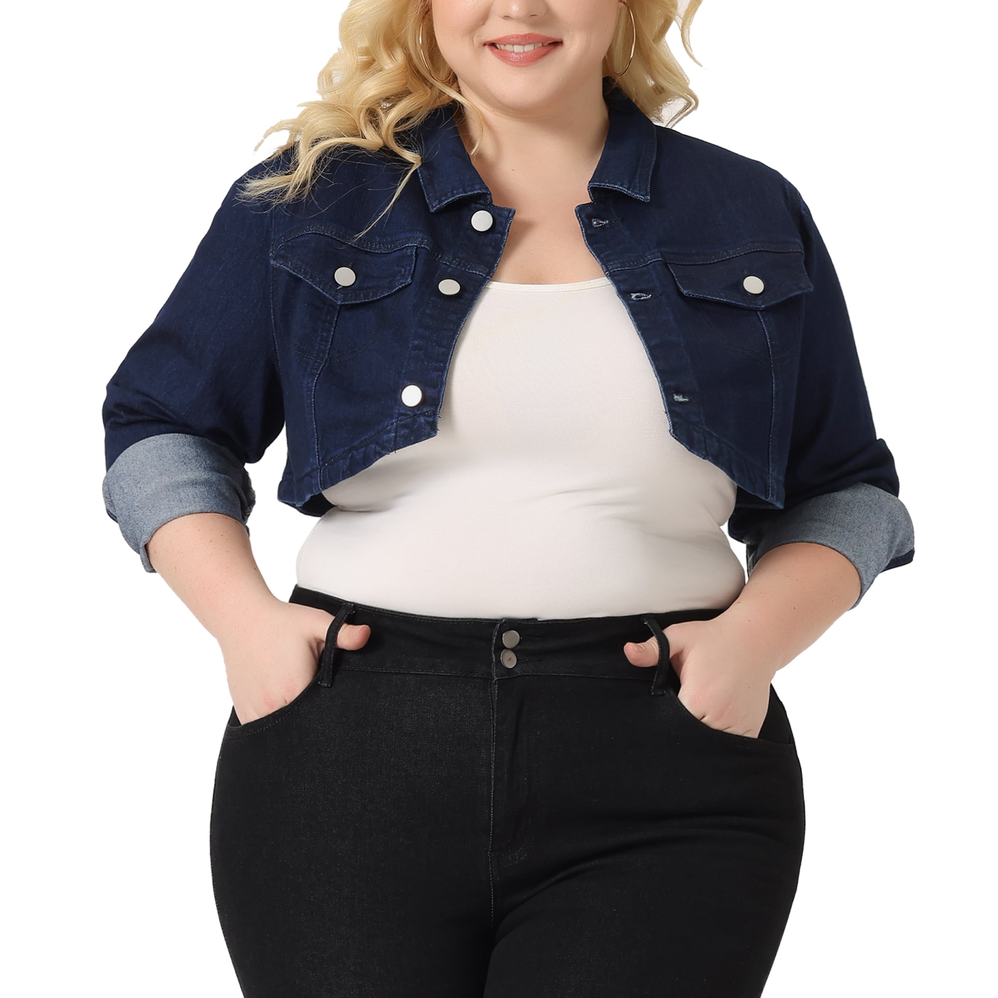 Unique Bargains Women's Plus Size Washed Notched Lapel Cropped Denim Jacket 1X Black Blue