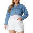 thumbnail image 1 of Unique Bargains Women's Plus Size Washed Notched Lapel Cropped Denim Jacket 1X Light Blue, 1 of 6