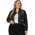 thumbnail image 1 of Unique Bargains Women's Plus Washed Ripped Cropped Frayed Casual Denim Outerwear Jacket 4X Black, 1 of 5