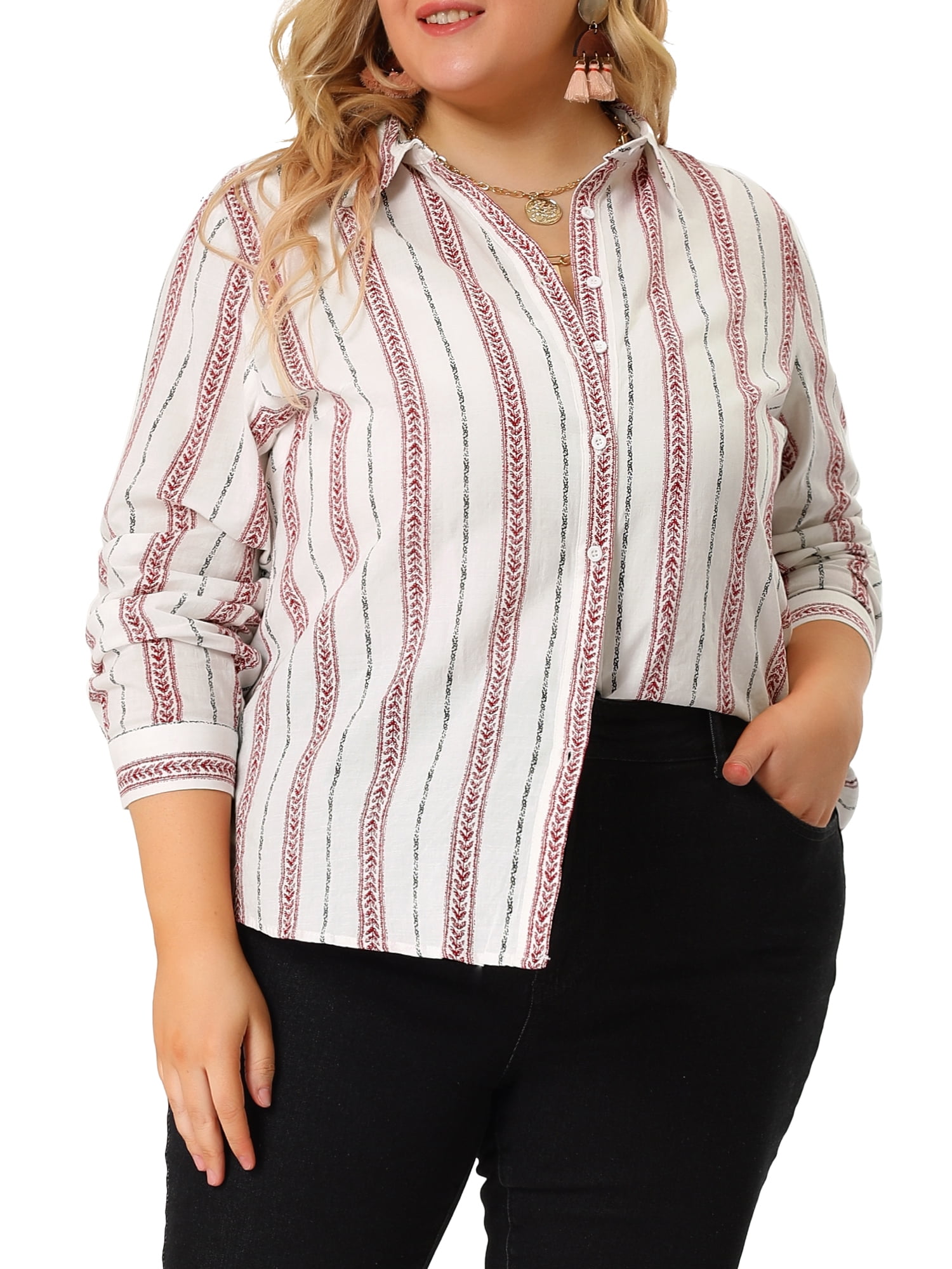 Unique Bargains Women's Plus Size Work Blouse Long Sleeve Button Up Stripe Shirt