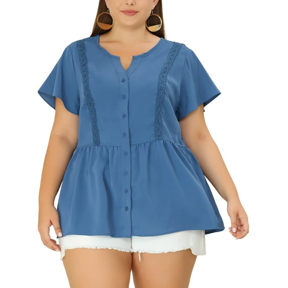 Unique Bargains Women's Plus Size Work Fashion Short Sleeve Elastic Waist Peplum Top 3X Dark Blue