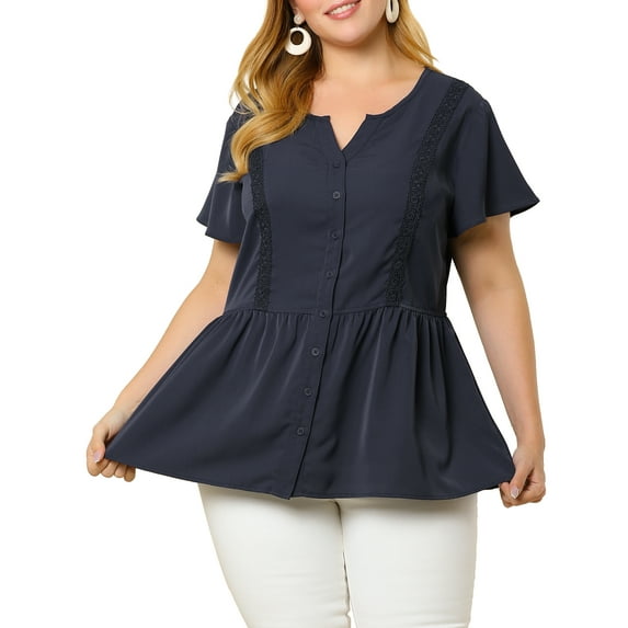 Unique Bargains Women's Plus Size Work Fashion Short Sleeve Elastic Waist Peplum Top 3X Navy Blue