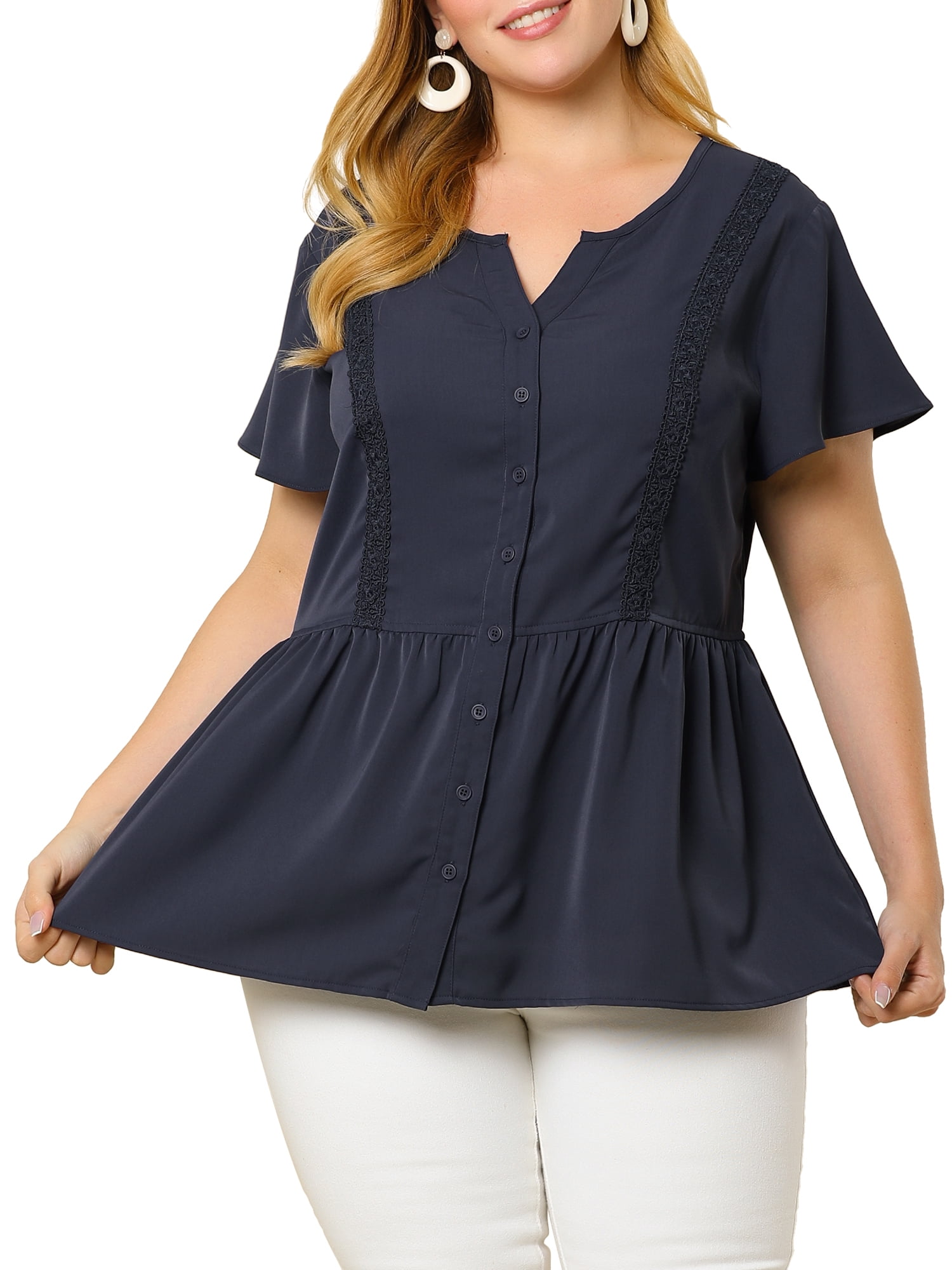 Unique Bargains Women's Plus Size Work Fashion Short Sleeve Elastic Waist Peplum Top 4X Navy Blue