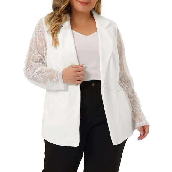 Unique Bargains Women's Plus Size Work Notch Lapel Lace Front Blazers Jackets
