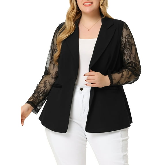 Unique Bargains Women's Plus Size Work Notch Lapel Lace Front Blazers Jackets