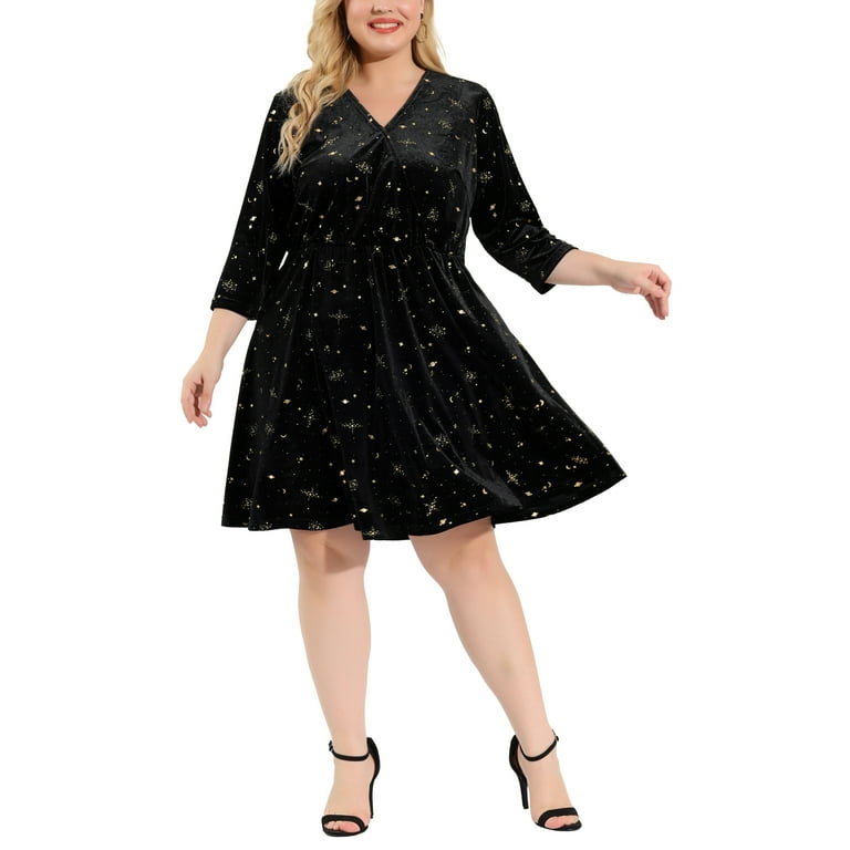 Unique Bargains Women s Plus Size Wrap Velvet V Neck 3 4 Sleeve Shiny Midi Dresses 4X Black