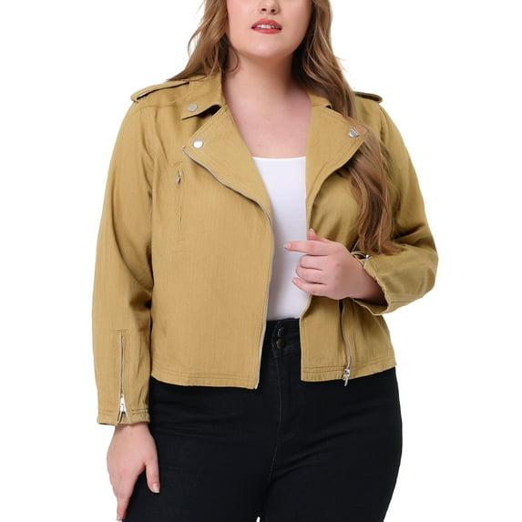 Unique Bargains Women's Plus Size Zip Closure Outerwear Cool Biker Crop Jacket