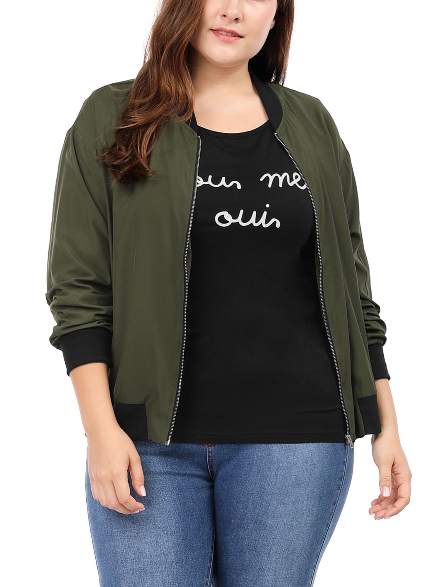 Unique Bargains Women's Plus Size Zipper Trim Outerwear Bomber Jacket