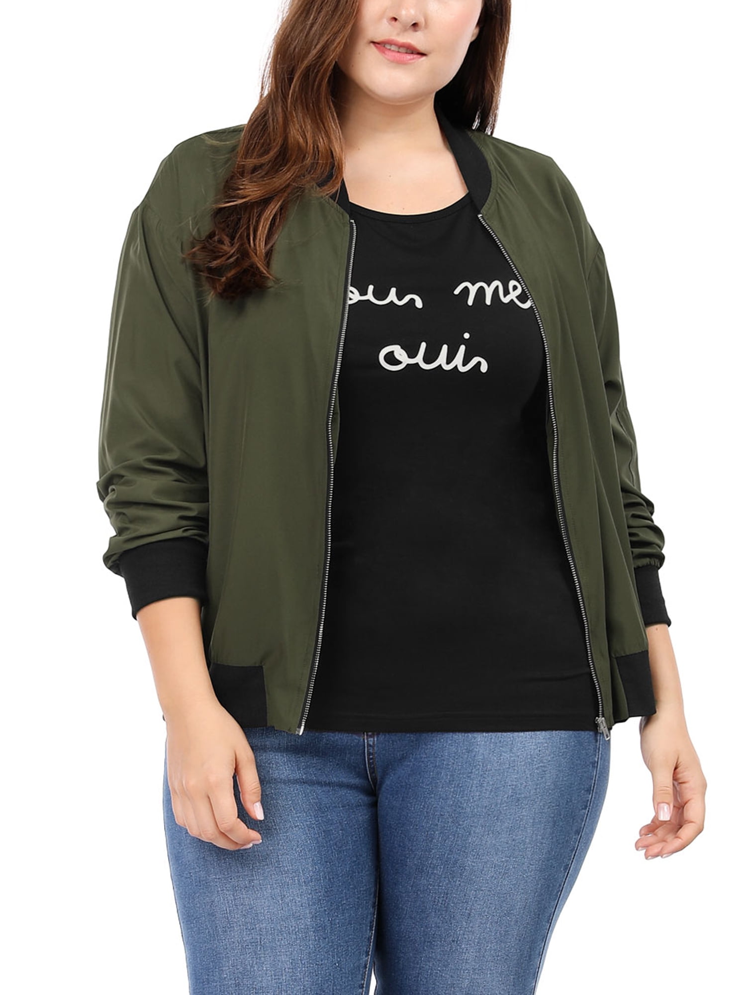 Unique Bargains Women's Plus Size Zipper Trim Outerwear Bomber Jacket