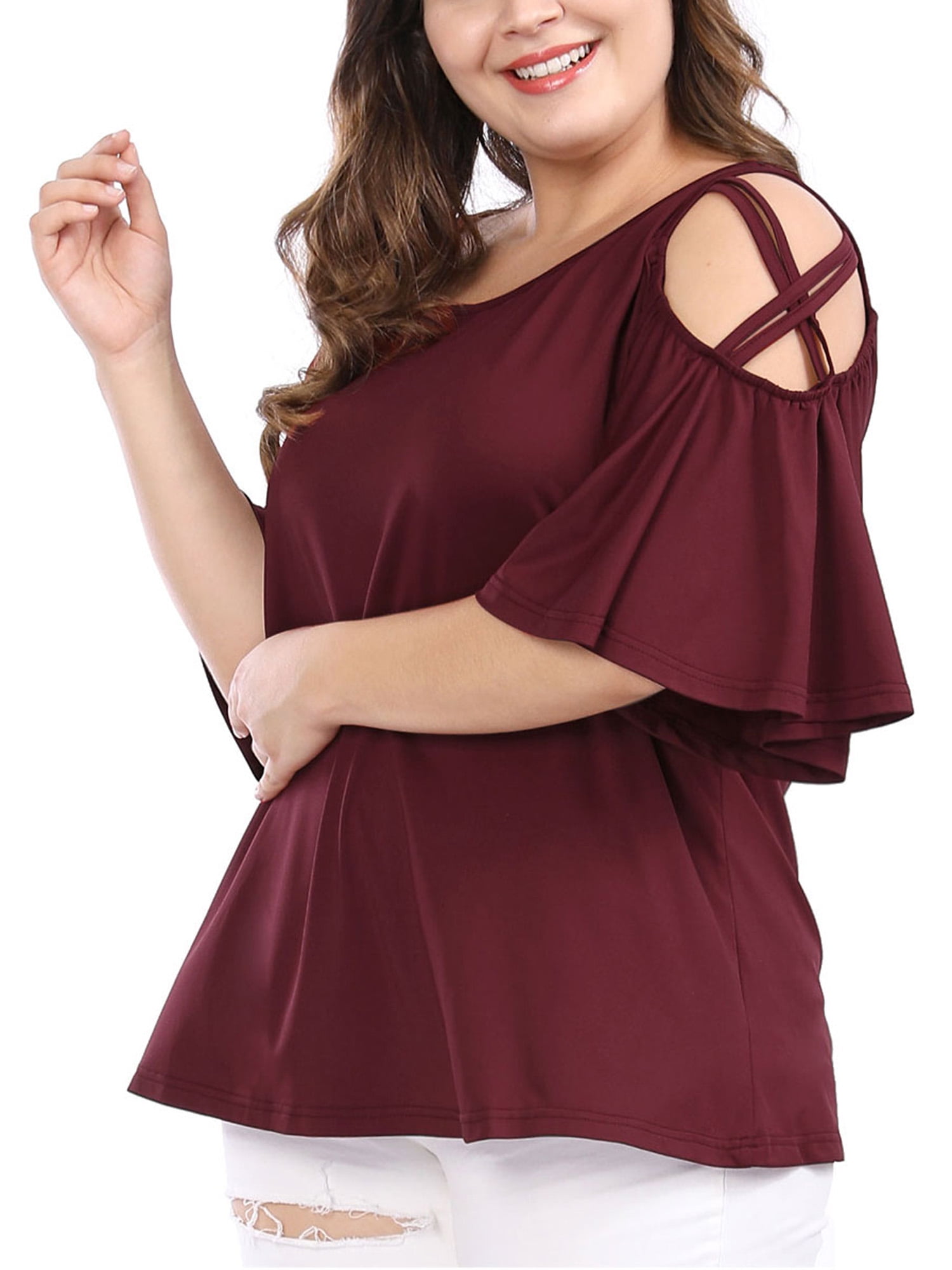DARING DIVA Women's Plus Cold Shoulder Bell Casual Sleeve Top 4X Wine Red