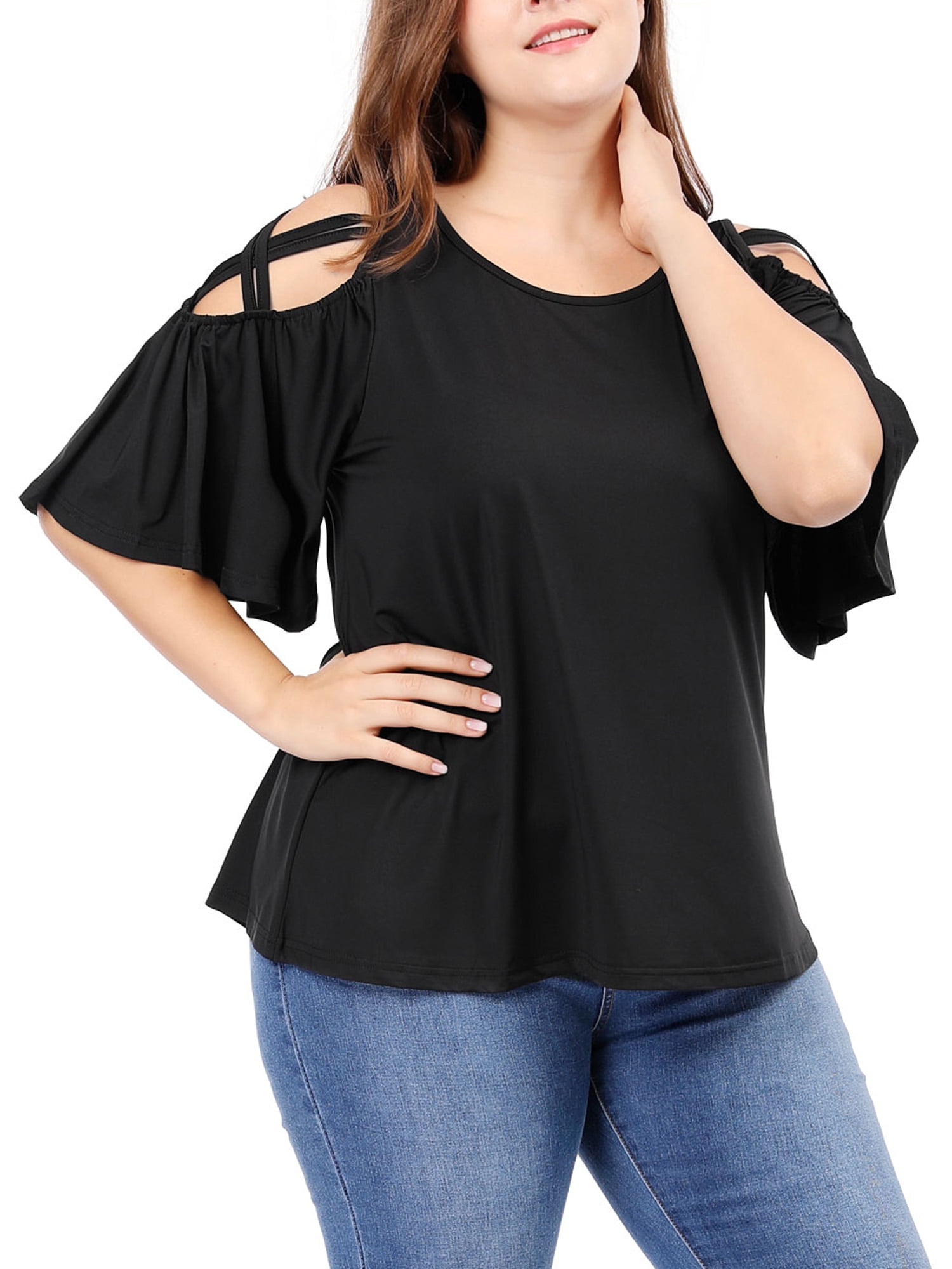 DARING DIVA Women's Plus Cold Shoulder Bell Casual Sleeve Top 4X Black
