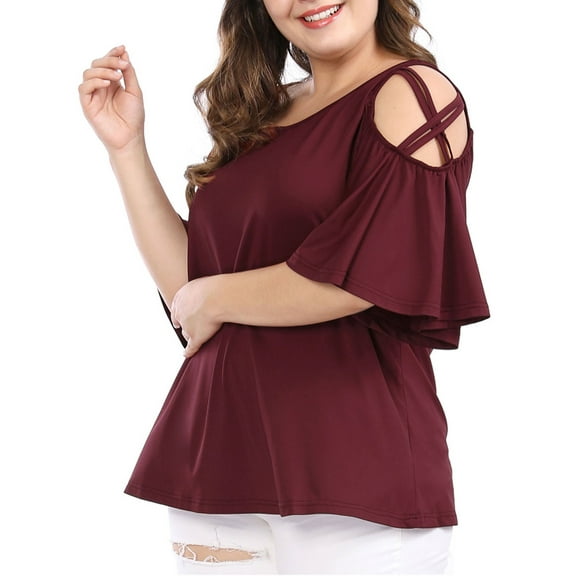 DARING DIVA Women's Plus Cold Shoulder Bell Casual Sleeve Top 1X Red