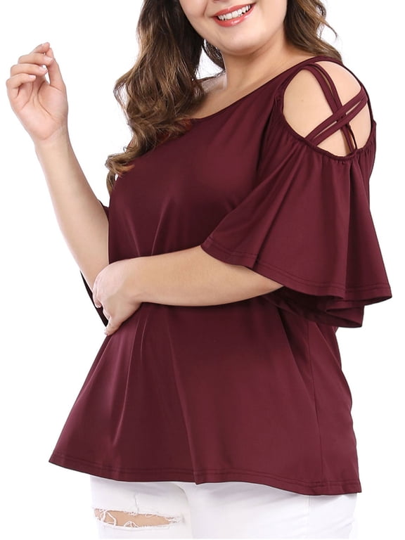 DARING DIVA Women's Plus Cold Shoulder Bell Casual Sleeve Top 1X Red