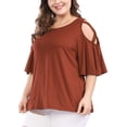 thumbnail image 1 of Unique Bargains Women's Plus Solid Strappy Cold Shoulder Trumpet Sleeve T-shirt, 1 of 6