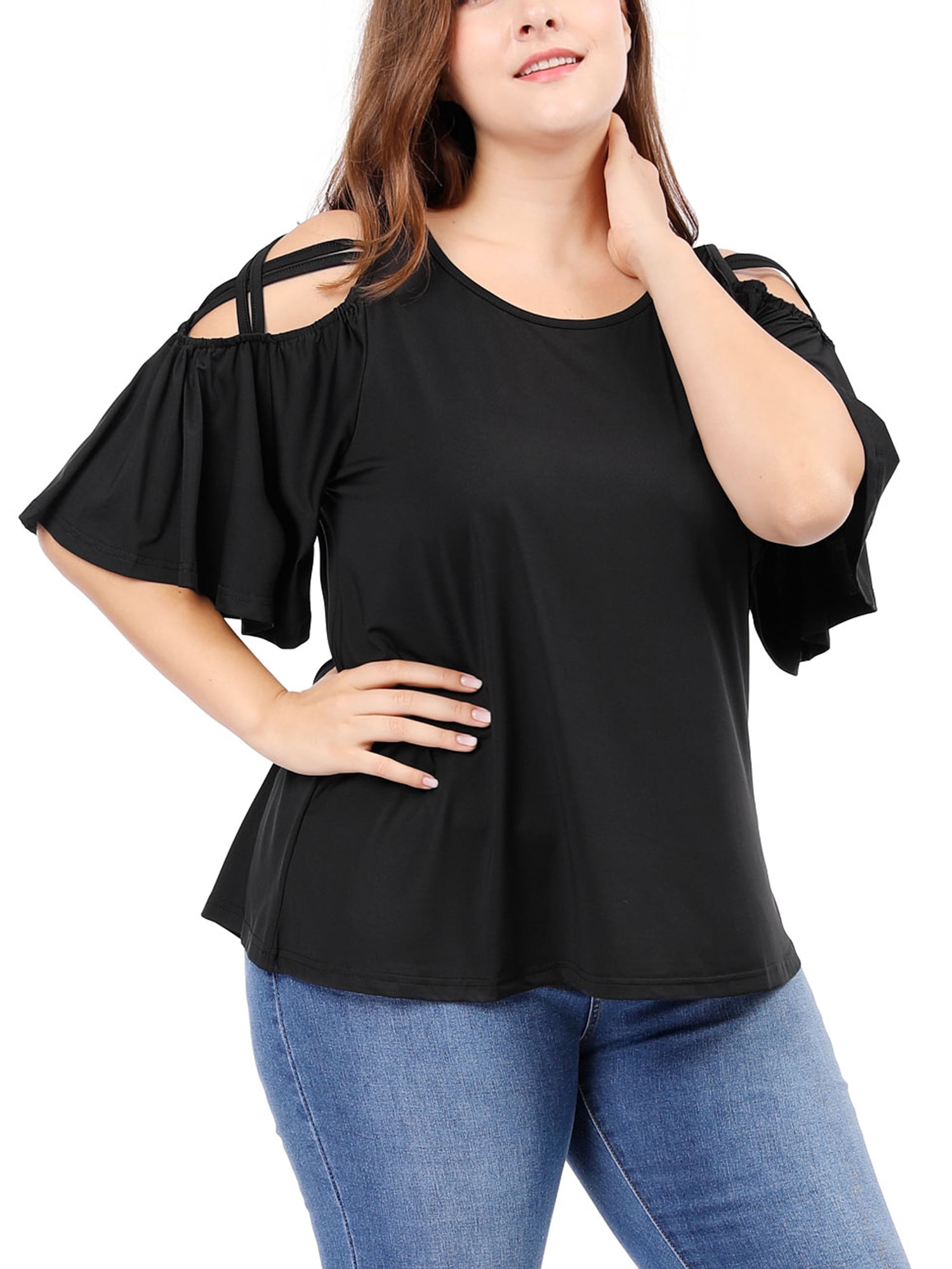 Unique Bargains Women's Plus Solid Strappy Cold Shoulder Trumpet Sleeve T-shirt