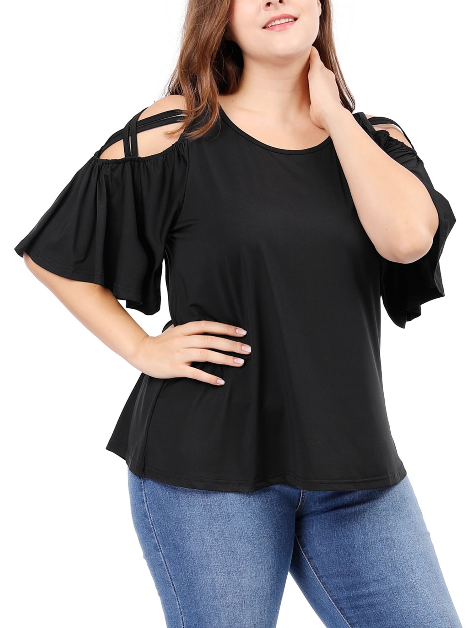 DARING DIVA Women's Plus Cold Shoulder Bell Casual Sleeve Top 3X Black