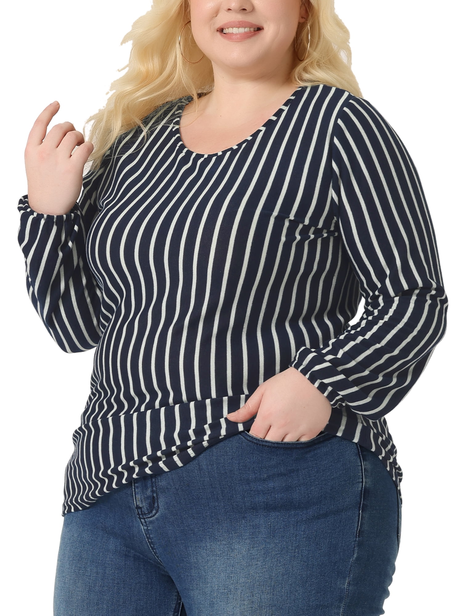 Unique Bargains Women's Plus Stripe Round Neck Elastic Cuff Long Sleeve Tops 2X Navy Blue