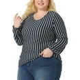thumbnail image 1 of Unique Bargains Women's Plus Stripe Round Neck Elastic Cuff Long Sleeve Tops 4X Navy Blue, 1 of 6