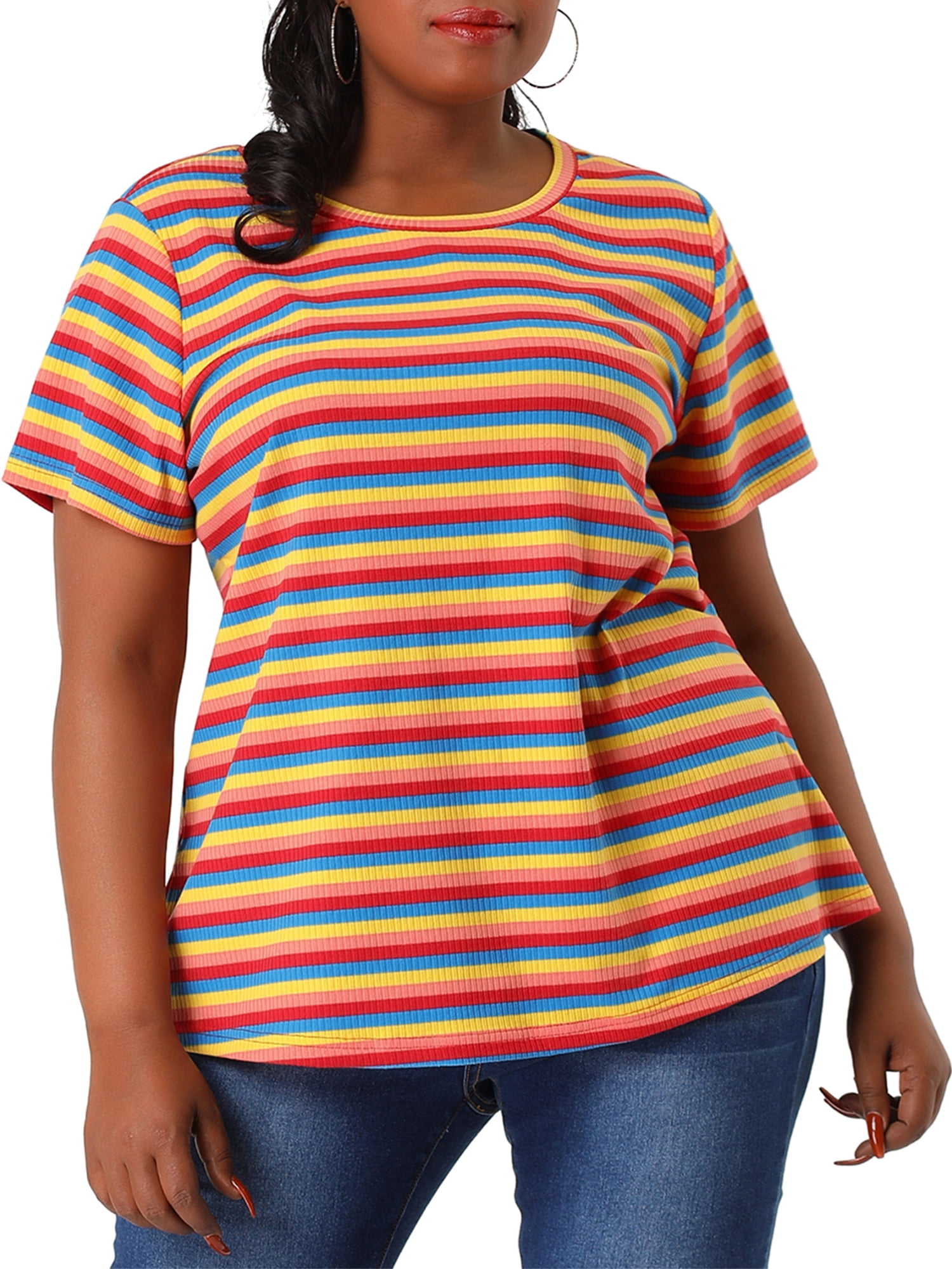 Unique Bargains Women's Plus Size Short Sleeve Crew Neck Striped Top 1X Rainbow
