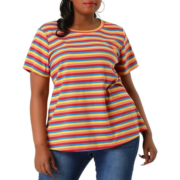 DARING DIVA Women's Plus Stripe Short Sleeve Crew Neck Rainbow T-Shirt 1X Rainbow