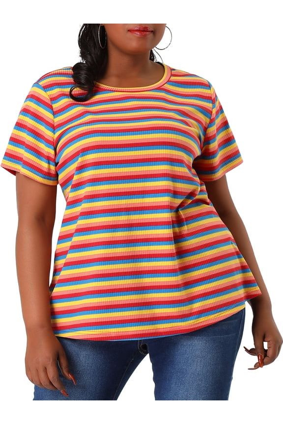 Women's Plus Stripe Short Sleeve Crew Neck Rainbow T-Shirt 3X Rainbow