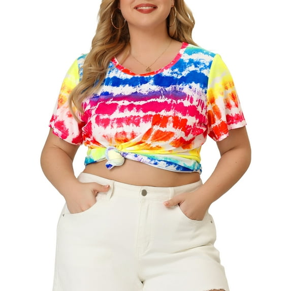 Unique Bargains Women's Plus T-Shirts Round Neck Multi-Color Dye Casual Tops 1X Multi-color