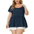 thumbnail image 1 of Unique Bargains Women's Plus T-Shirts Square Neck Peplum Summer Short Sleeve Tops 1X Navy Blue, 1 of 7