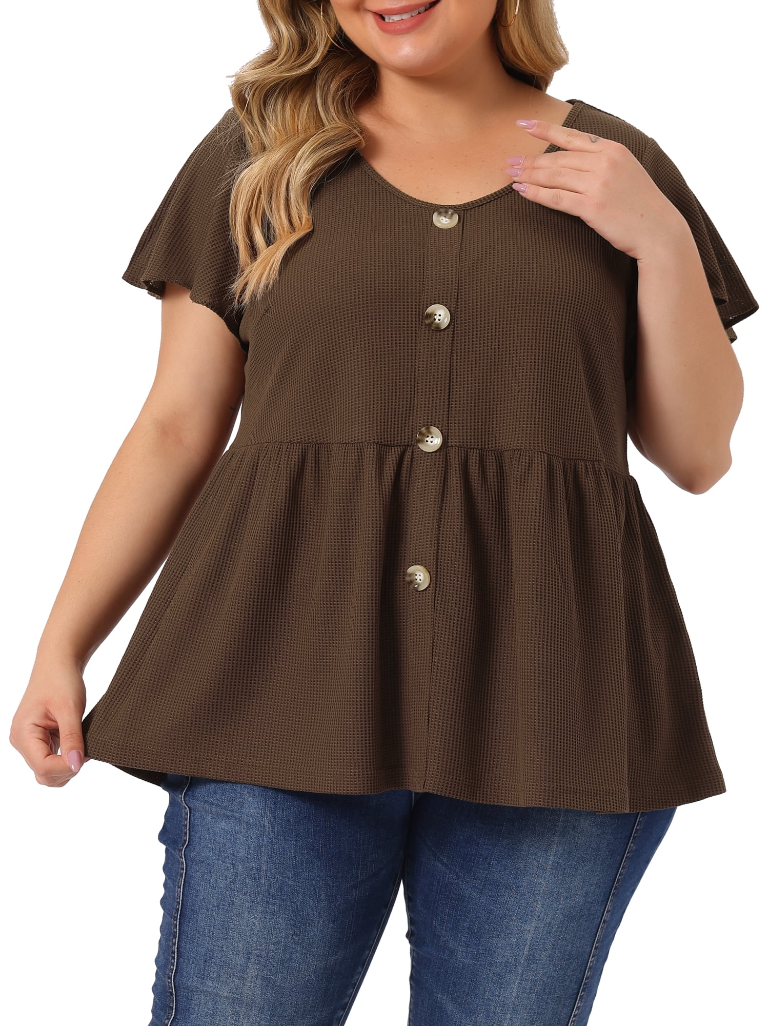 Unique Bargains Women's Plus Tops Button Front Shirts Peplum Blouse 1X Coffee