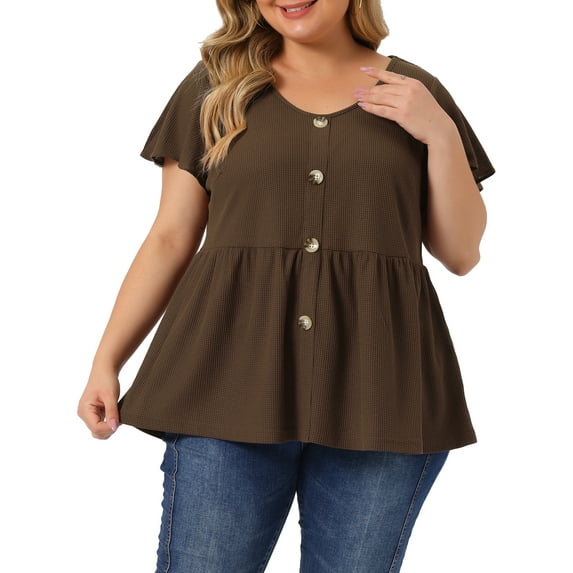 Unique Bargains Women's Plus Tops Button Front Shirts Peplum Blouse 3X Coffee