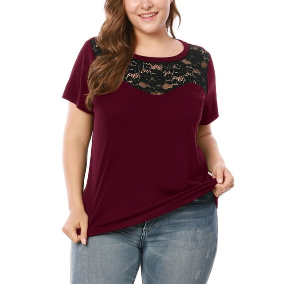 Unique Bargains Women's Plus Tops Lace Panel Round Neck Short Sleeve Blouse