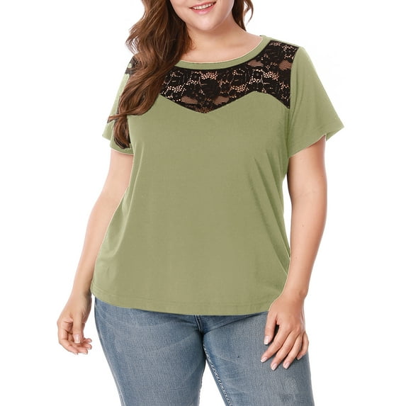 Unique Bargains Women's Plus Tops Lace Panel Round Neck Short Sleeve Blouse