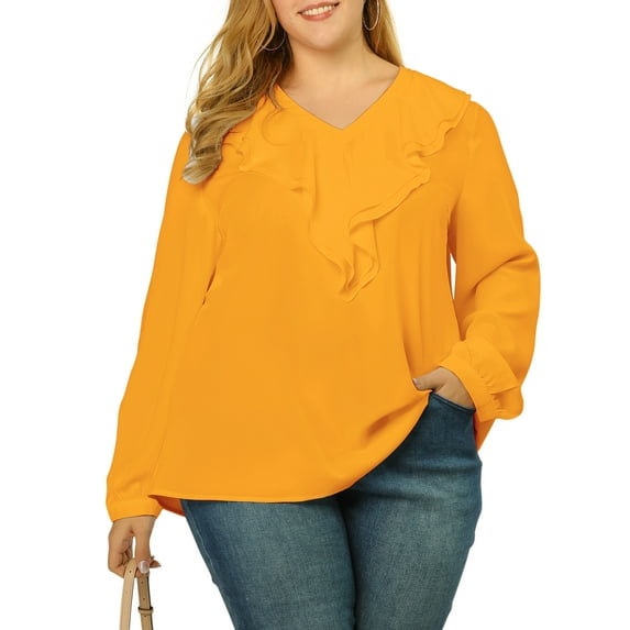 Unique Bargains Women's Plus Tops V Neck Boho Chiffon Ruffle Blouse 1X Yellow