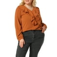 thumbnail image 1 of Unique Bargains Women's Plus Tops V Neck Boho Chiffon Ruffle Blouse 4X Caramel, 1 of 7