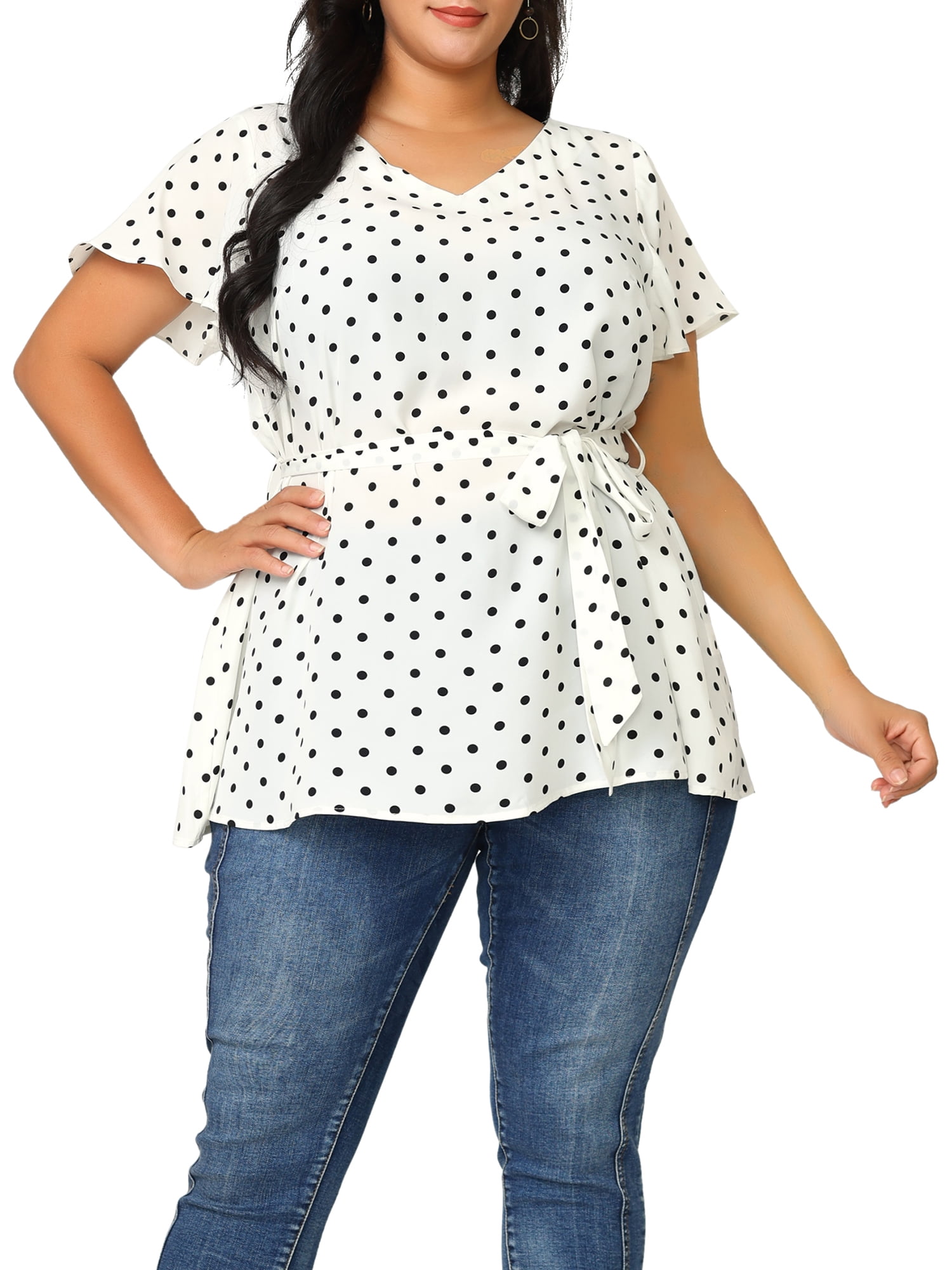 Unique Bargains Women's Plus Tops V Neck Tie Waist Polka Dots Ruffle Short Sleeve Blouse 4X White