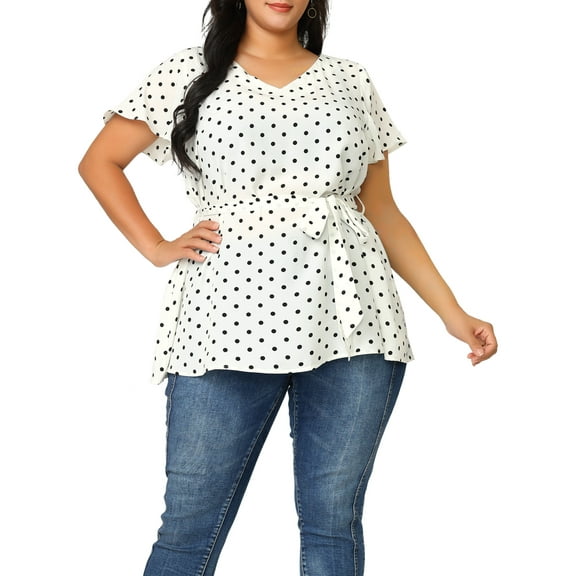 Unique Bargains Women's Plus Tops V Neck Tie Waist Polka Dots Ruffle Short Sleeve Blouse 4X White